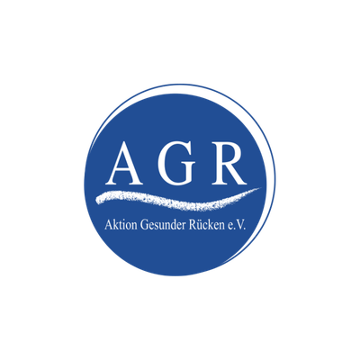 AGR (Aktion Gesunder R&uuml;cken e.V.) rund bl&aring; logo med hvit &laquo;AGR&raquo;-tekst og organisasjonsnavnet &laquo;Aktion Gesunder R&uuml;cken e.V.&raquo; vist under en buet understrek.